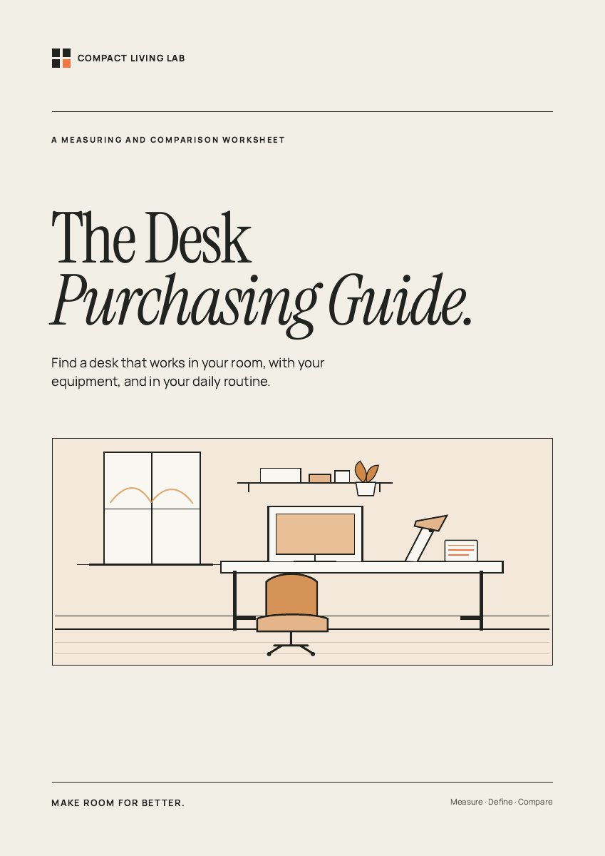 Cover of The Desk Purchasing Guide with an illustrated compact desk setup