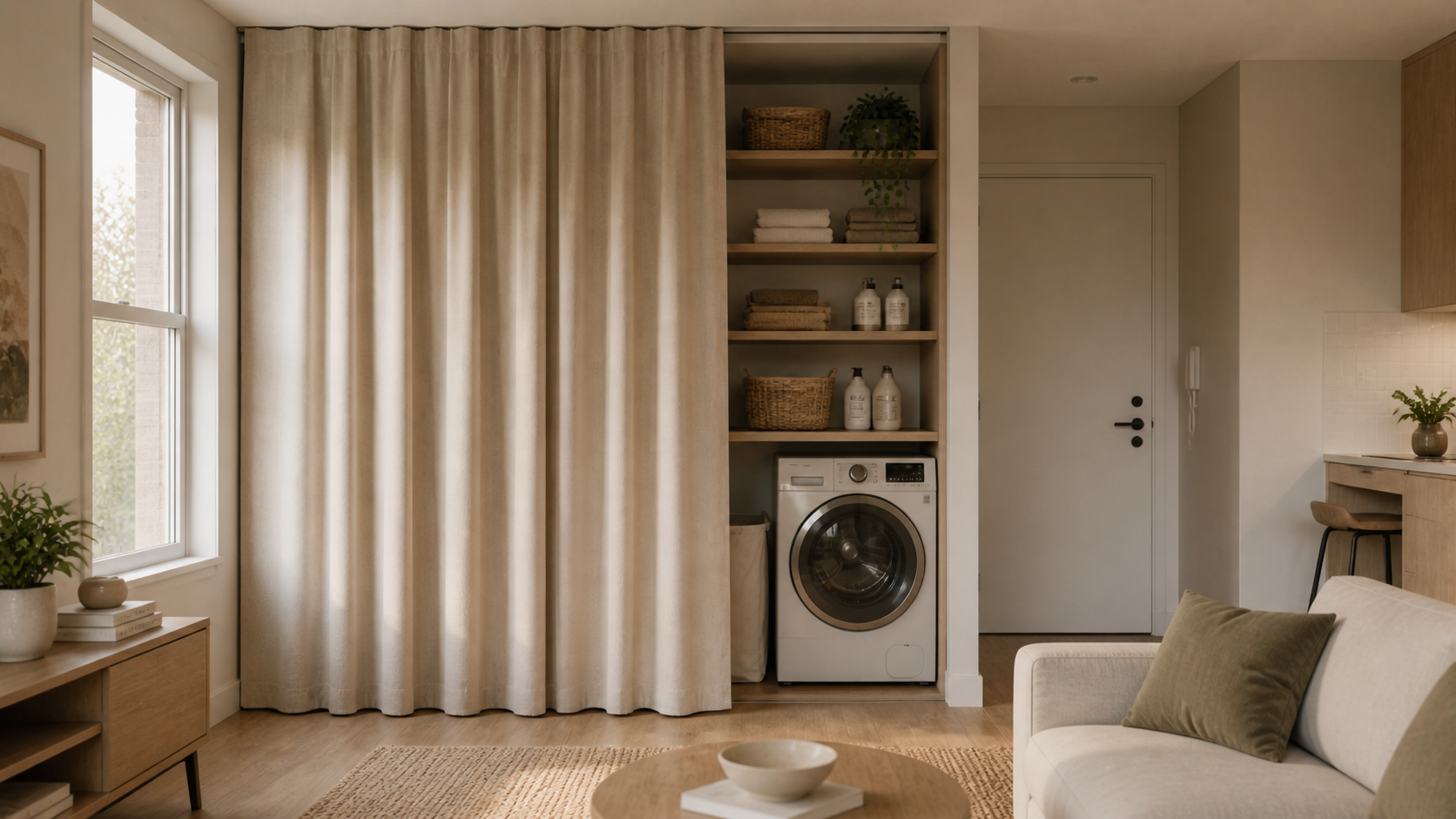 Warm cream ceiling-mounted curtain partially concealing organized laundry shelves and a compact washing machine