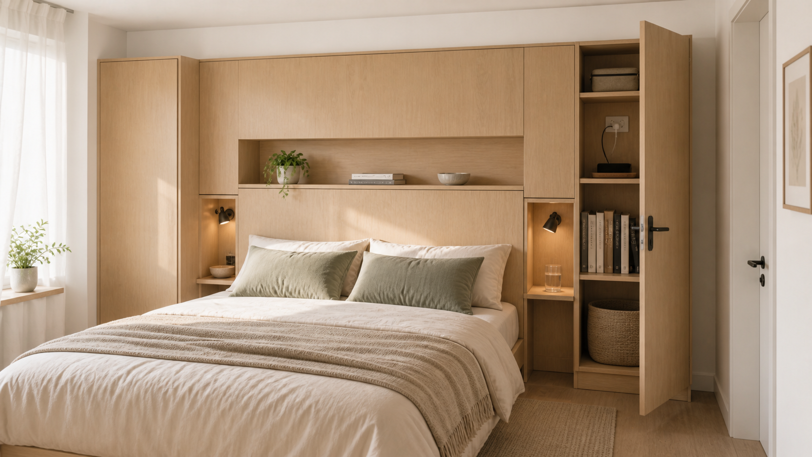 Full-width pale-oak storage headboard with bedside niches and one open side-access cupboard