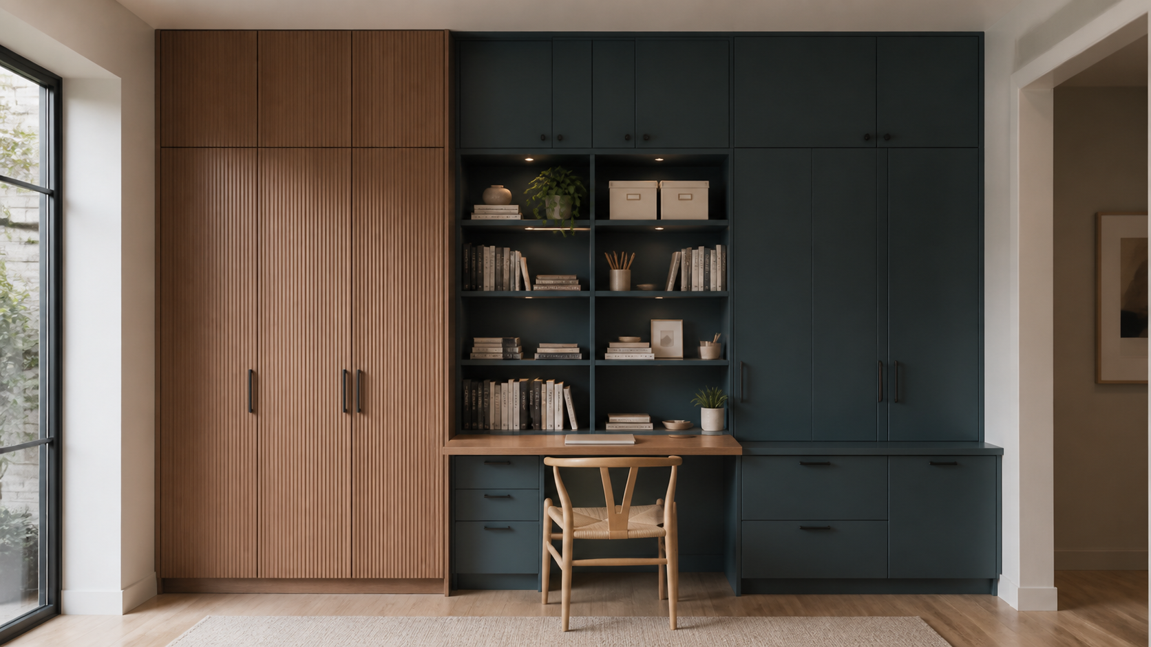 Full-height blue-green and ribbed walnut storage wall surrounding a compact integrated desk